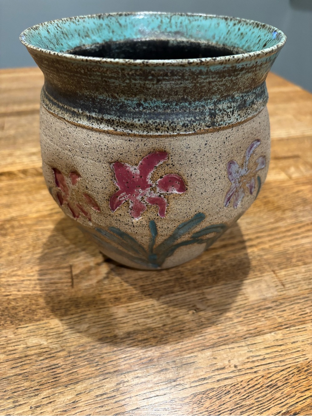 Vintage Ceramic Pot with Glazed Interior & Flowers Turquoise Rim Signed(Japan?)